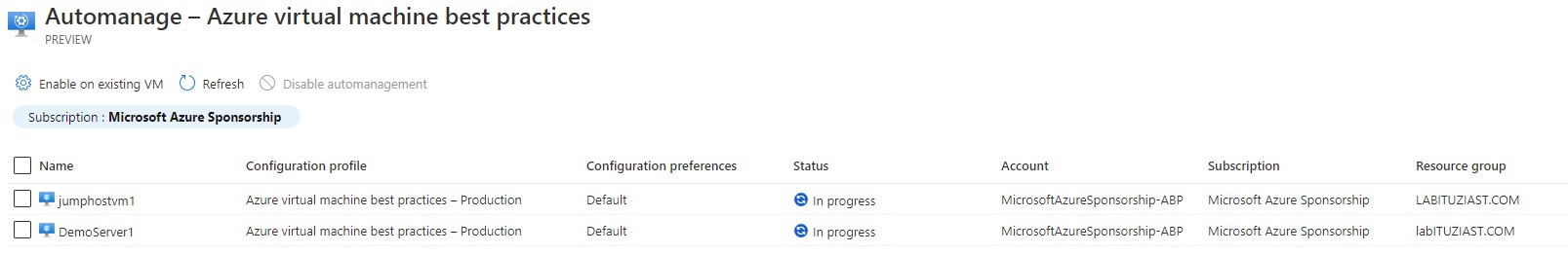Status view of deployment (Azure automanage)