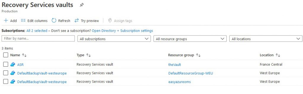 Deployed Recovery Services Vaults