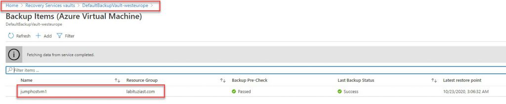 Assigned Recovery Services vault per machine (jumphostvm1)