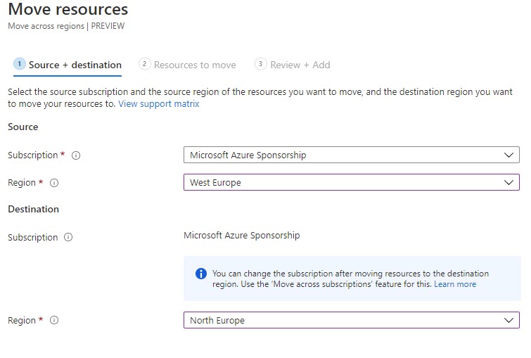 Choosing source and target region and subscription