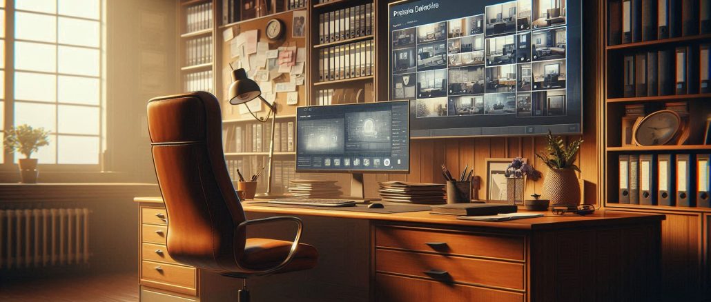 A hyper realistic image of a modern private detective office space with wooden desk, large monitor, and high-back executive chair. The desk has multiple folders, stacked in a pile. At the edges on one side there is a whiteboard, with several snapshots of Microsoft Teams client, early morning light in a photorealistic style.