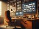 A hyper realistic image of a modern private detective office space with wooden desk, large monitor, and high-back executive chair. The desk has multiple folders, stacked in a pile. At the edges on one side there is a whiteboard, with several snapshots of Microsoft Teams client, early morning light in a photorealistic style.