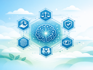 A clean, modern Azure‑themed illustration showing the intersection of Responsible AI. In the center, display a stylized AI brain or neural network, surround it with minimalistic hexagon or circuit‑style icons representing Responsible AI principles (fairness, safety, transparency, accountability, privacy, inclusiveness). Incorporate subtle cloud elements to reflect Azure, soft blue and green gradients, and thin-line vector graphics. The design should feel trustworthy, ethical, and environmentally conscious, suitable for a professional technology blog. No text inside the image. (Designer prompt)
