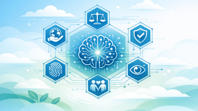 A clean, modern Azure‑themed illustration showing the intersection of Responsible AI. In the center, display a stylized AI brain or neural network, surround it with minimalistic hexagon or circuit‑style icons representing Responsible AI principles (fairness, safety, transparency, accountability, privacy, inclusiveness). Incorporate subtle cloud elements to reflect Azure, soft blue and green gradients, and thin-line vector graphics. The design should feel trustworthy, ethical, and environmentally conscious, suitable for a professional technology blog. No text inside the image. (Designer prompt)
