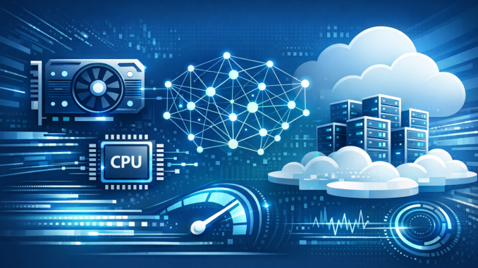 Modern cloud architecture concept illustration showing high-performance AI workloads. Include abstract GPU and CPU icons, neural network lines, scalable compute clusters, and speed/latency visual elements. Use Microsoft Azure-inspired colors (blue, white, teal). Style should be clean, futuristic, and technical, suitable for a professional LinkedIn post about AI performance efficiency. (MS Designer prompt)
