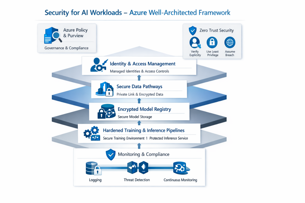 Modern, Azure-themed diagram for Security for AI Workloads - Azure Well-Architected Framework. Include visual elements such as: Secure data pathways with Private Link; Identity and access layers with Managed Identities; Encrypted model registry; Hardened training and inference pipelines; Governance and compliance elements (Azure Policy, Purview); Zero Trust architecture representation.
Style: clean, enterprise, technical.
Color palette: Azure blue, white, gray. Layout: conceptual architecture diagram or layered security model.