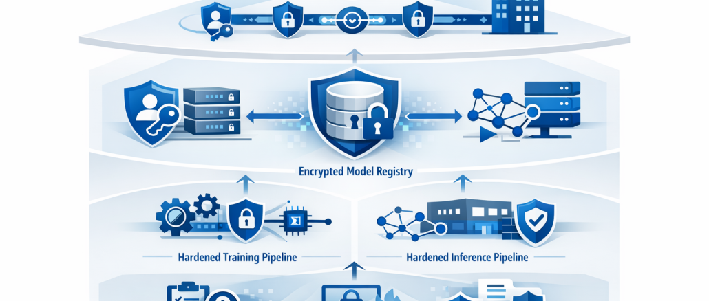 Мodern, Azure-themed diagram for Security for AI Workloads inline with Azure Well-Architected Framework. Do not use text, but include visual elements such as: - Secure data pathways with Private Link - Identity and access layers with Managed Identities - Encrypted model registry - Hardened training and inference pipelines - Governance and compliance elements (Azure Policy, Purview) - Zero Trust architecture representation Style: clean, enterprise, technical. Color palette: Azure blue, white, gray. Layout: conceptual architecture diagram or layered security model. Optimized for LinkedIn or Microsoft-style technical blog posts.