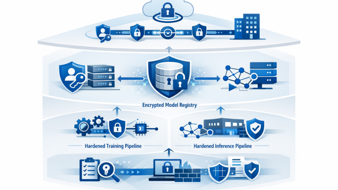 Мodern, Azure-themed diagram for Security for AI Workloads inline with Azure Well-Architected Framework. Do not use text, but include visual elements such as: - Secure data pathways with Private Link - Identity and access layers with Managed Identities - Encrypted model registry - Hardened training and inference pipelines - Governance and compliance elements (Azure Policy, Purview) - Zero Trust architecture representation Style: clean, enterprise, technical. Color palette: Azure blue, white, gray. Layout: conceptual architecture diagram or layered security model. Optimized for LinkedIn or Microsoft-style technical blog posts.