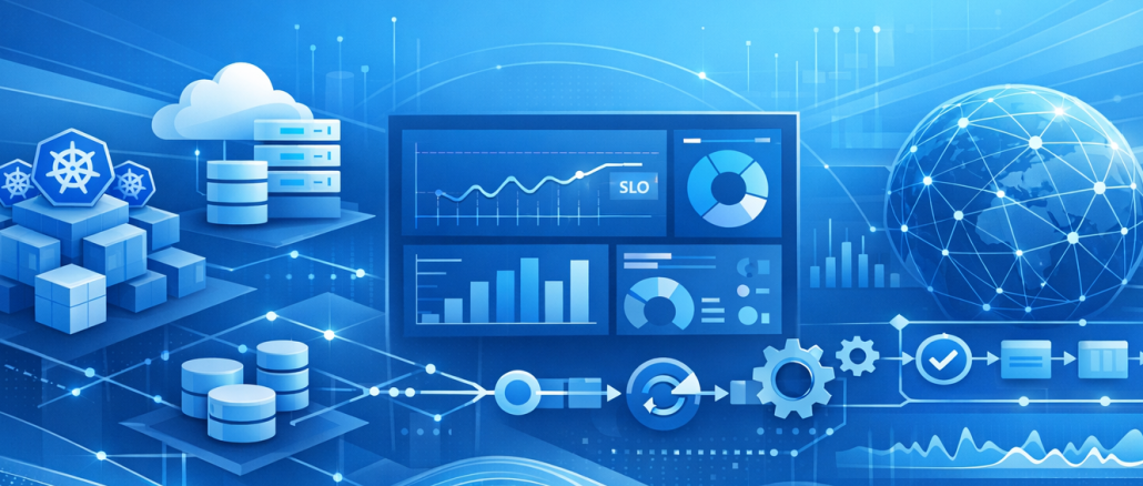 Wide-format technology cover image representing Azure cloud reliability engineering. Show abstract but professional Azure cloud architecture elements such as Kubernetes clusters, application services, observability dashboards, telemetry streams, automation pipelines, and global network connectivity. Use a clean, modern, blue Azure color palette with subtle gradients, geometric patterns, and high-tech lines. Include hints of metrics, SLO/SLI charts, and automated workflows without text. Focus on clarity, precision, and enterprise-level design, suitable for a technical article about Azure SRE and cloud-native reliability. Style: Azure-branded, minimalistic, modern, enterprise visual identity