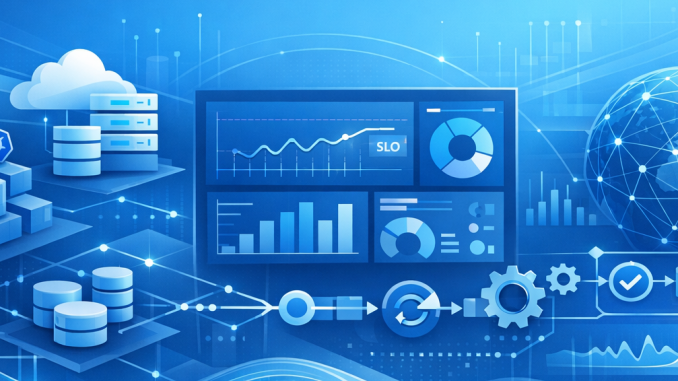 Wide-format technology cover image representing Azure cloud reliability engineering. Show abstract but professional Azure cloud architecture elements such as Kubernetes clusters, application services, observability dashboards, telemetry streams, automation pipelines, and global network connectivity. Use a clean, modern, blue Azure color palette with subtle gradients, geometric patterns, and high-tech lines. Include hints of metrics, SLO/SLI charts, and automated workflows without text. Focus on clarity, precision, and enterprise-level design, suitable for a technical article about Azure SRE and cloud-native reliability. Style: Azure-branded, minimalistic, modern, enterprise visual identity