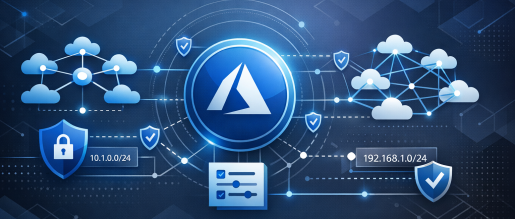 Create a wide-format feature image (21:9 aspect ratio) that visually represents Azure Virtual Network Manager. Use a modern, professional cloud architecture theme with Microsoft-style design cues. Include abstract network diagrams showing virtual networks, connectivity lines, hub-and-spoke and mesh topologies, and secure routing paths. Incorporate Azure colors (blue, cyan, white, dark background gradients) and subtle geometric patterns. Add visual elements suggesting centralized management, security shields, IP address blocks, and policy-based orchestration. Style should be clean, minimalistic, and suitable for a technical article header. (Designer prompt)