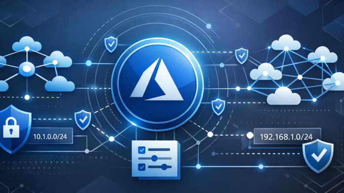 Create a wide-format feature image (21:9 aspect ratio) that visually represents Azure Virtual Network Manager. Use a modern, professional cloud architecture theme with Microsoft-style design cues. Include abstract network diagrams showing virtual networks, connectivity lines, hub-and-spoke and mesh topologies, and secure routing paths. Incorporate Azure colors (blue, cyan, white, dark background gradients) and subtle geometric patterns. Add visual elements suggesting centralized management, security shields, IP address blocks, and policy-based orchestration. Style should be clean, minimalistic, and suitable for a technical article header. (Designer prompt)