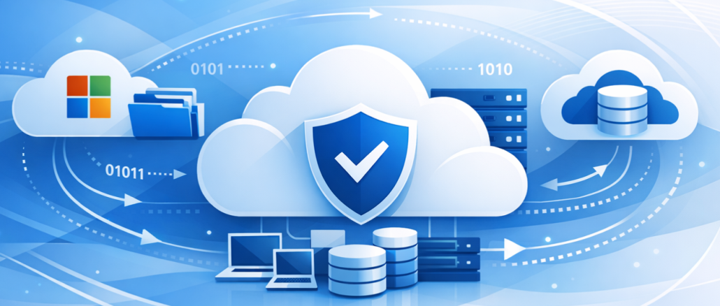 Modern, clean, professional cover image themed around cloud backup architecture. Includes icons and visual elements representing Microsoft 365, Azure Files, cloud storage, and data protection.