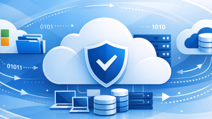 Modern, clean, professional cover image themed around cloud backup architecture. Includes icons and visual elements representing Microsoft 365, Azure Files, cloud storage, and data protection.