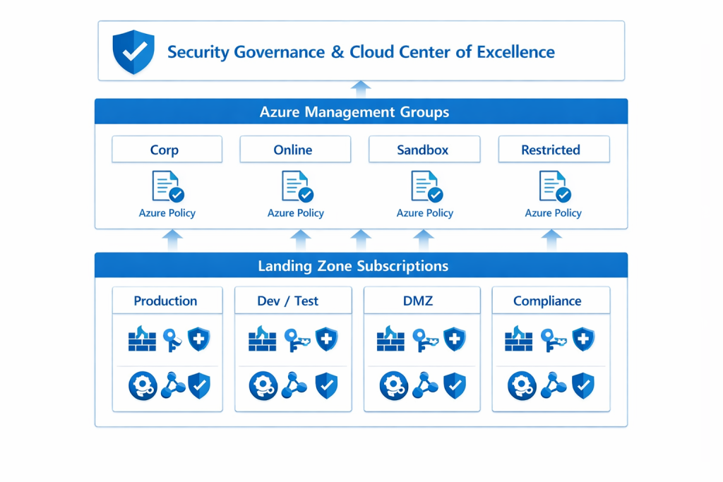 Architecture-style diagram showing Azure security governance and landing zones. Top layer: Security Governance function and Cloud Center of Excellence. Next layer: Azure management groups (Corp, Online, Sandbox, Restricted) with Azure Policy icons. Bottom layer: subscriptions representing landing zones with icons for Azure Firewall, Key Vault, Virtual Networks, and Defender for Cloud.