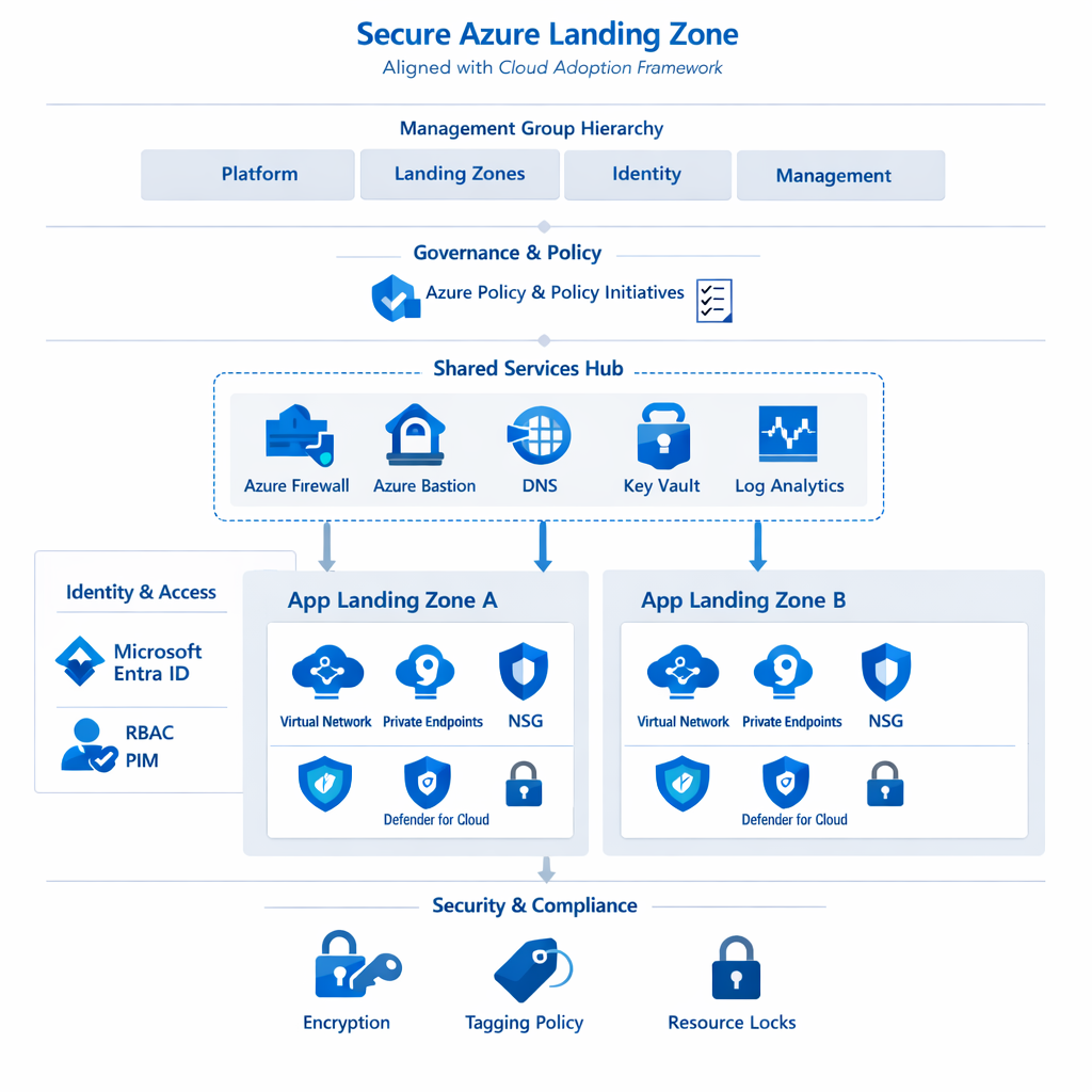 Architecture diagram illustrating a secure Azure Landing Zone aligned with the Cloud Adoption Framework. It show:
• Management group hierarchy (Platform, Landing Zones, Identity, Management).
• Governance and policy layer using Azure Policy and Policy Initiatives.
• Shared services hub with Azure Firewall, Azure Bastion, DNS, Key Vault, Log Analytics workspace.
• Spoke landing zones for applications with VNets, Private Endpoints, NSGs, Defender for Cloud icons.
• Identity integration with Microsoft Entra ID for RBAC and PIM.
• Security guardrails such as encryption, tagging policies, resource locks.