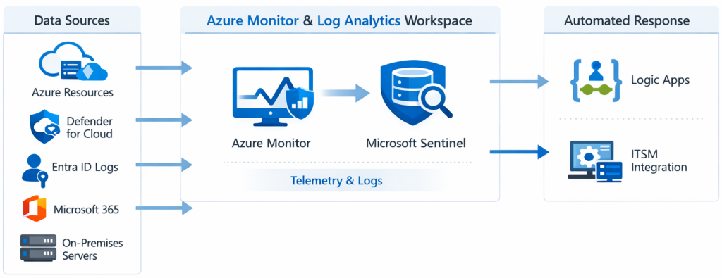 Monitoring and security operations diagram for Azure. Data sources on the left: Azure resources, Defender for Cloud, Entra ID logs, Microsoft 365, and on-premises servers. Central hub: Azure Monitor and Log Analytics workspace. Connected to Microsoft Sentinel with dashboards and analytics. On the right: automated response via Logic Apps and ITSM integration.