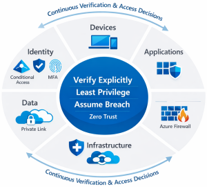 Conceptual Zero Trust diagram for Azure. Center: ‘Verify Explicitly, Least Privilege, Assume Breach.’ Surrounding segments for Identity, Devices, Applications, Network, Infrastructure, Data. Use icons for Microsoft Entra ID, Conditional Access, MFA, Intune, Azure Firewall, Defender XDR, and Private Link. Arrows show continuous verification and access decisions.