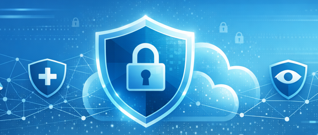 Wide banner image for an article about Azure cloud security and governance. Modern abstract design in Azure-blue color palette, digital shield and cloud icons, subtle network mesh and lock symbols, references to Microsoft services like Entra ID, Defender for Cloud, Sentinel, and Azure Policy. Minimalistic, professional, C‑level friendly, high-tech corporate style.