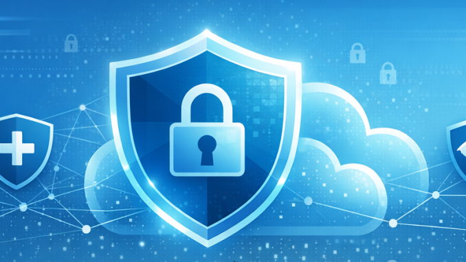 Wide banner image for an article about Azure cloud security and governance. Modern abstract design in Azure-blue color palette, digital shield and cloud icons, subtle network mesh and lock symbols, references to Microsoft services like Entra ID, Defender for Cloud, Sentinel, and Azure Policy. Minimalistic, professional, C‑level friendly, high-tech corporate style.