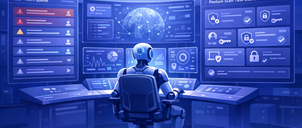 Modern enterprise security illustration of an AI ‘agent’ control room: a prioritized alert queue on the left (DLP/Insider Risk) and a posture scan task board on the right (credential findings). Clean blue/purple security palette, minimal icons, no text, wide blog header.