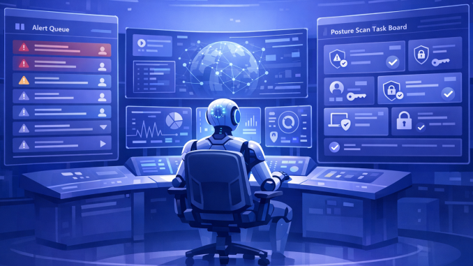 Modern enterprise security illustration of an AI ‘agent’ control room: a prioritized alert queue on the left (DLP/Insider Risk) and a posture scan task board on the right (credential findings). Clean blue/purple security palette, minimal icons, no text, wide blog header.