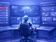 Modern enterprise security illustration of an AI ‘agent’ control room: a prioritized alert queue on the left (DLP/Insider Risk) and a posture scan task board on the right (credential findings). Clean blue/purple security palette, minimal icons, no text, wide blog header.