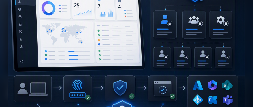 Professional technical blog cover image showing a Microsoft 365 admin dashboard, identity role cards, and a secured privileged access workflow. The color is modern blue and dark gray enterprise security style, with subtle lock icons, role hierarchy lines, and a clean architecture diagram aesthetic. No text in the image.