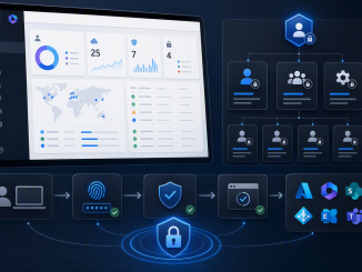 Professional technical blog cover image showing a Microsoft 365 admin dashboard, identity role cards, and a secured privileged access workflow. The color is modern blue and dark gray enterprise security style, with subtle lock icons, role hierarchy lines, and a clean architecture diagram aesthetic. No text in the image.