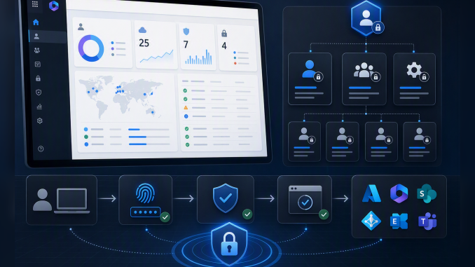 Professional technical blog cover image showing a Microsoft 365 admin dashboard, identity role cards, and a secured privileged access workflow. The color is modern blue and dark gray enterprise security style, with subtle lock icons, role hierarchy lines, and a clean architecture diagram aesthetic. No text in the image.