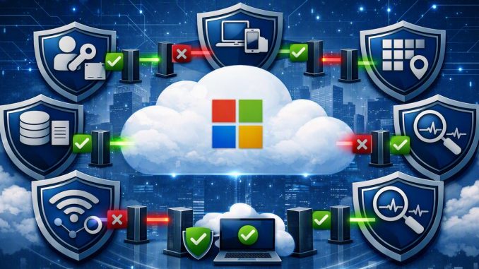 Professional enterprise security architecture image showing a Microsoft 365 tenant protected by Zero Trust pillars: identity, endpoint, data, applications, network, and monitoring. Use layered shields, Conditional Access gates, device compliance signals, and a cloud architecture background. No text.